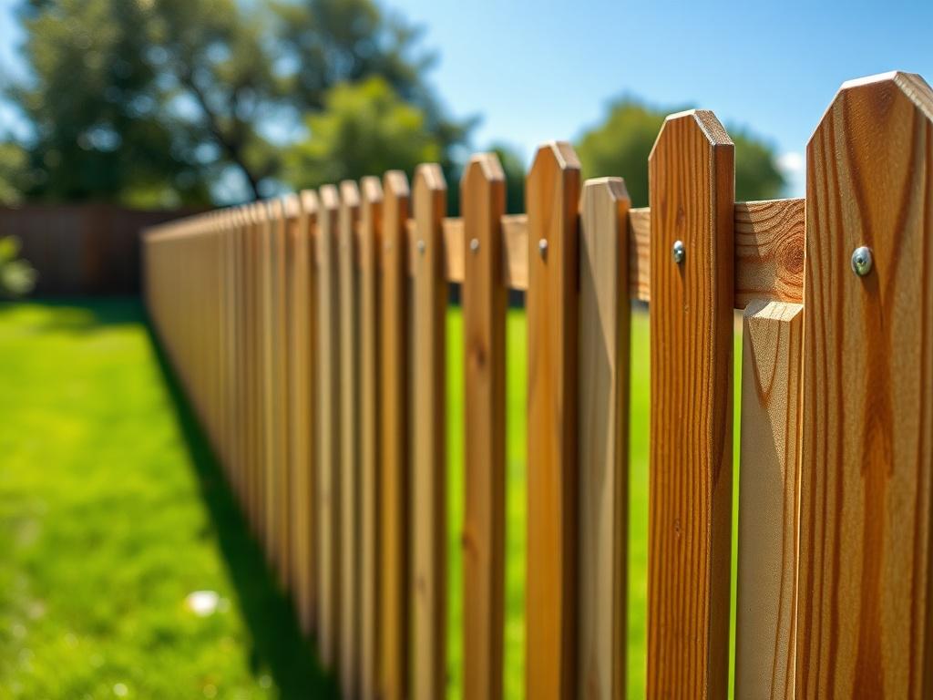 A close-up shot of a beautifully repaired wooden fence in a backyard, showing detailed craftsmanship. The fence should be freshly painted, with vibrant wood tones. The background includes lush green grass and a clear blue sky, creating a serene outdoor atmosphere. The image should be hyper-realistic, focusing on the texture and color of the wood.