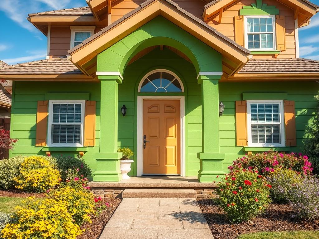 A hyper-realistic close-up of a freshly painted house exterior, showcasing vibrant colors and smooth finishes. The setting includes beautiful landscaping and a clear sky, highlighting the home’s curb appeal. The focus should be on the details of the paintwork and the overall inviting appearance.