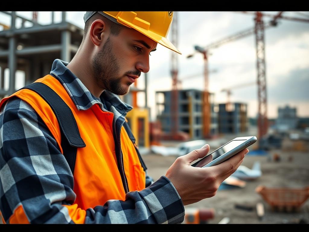 A hyper-realistic close-up shot of a construction worker using a tablet on a construction site, showcasing advanced technology in building. The background features partially constructed buildings and tools, emphasizing innovation in construction. The image should convey a sense of professionalism and modernity, with a rich color palette that complements the primary color rgb(122, 86, 4).