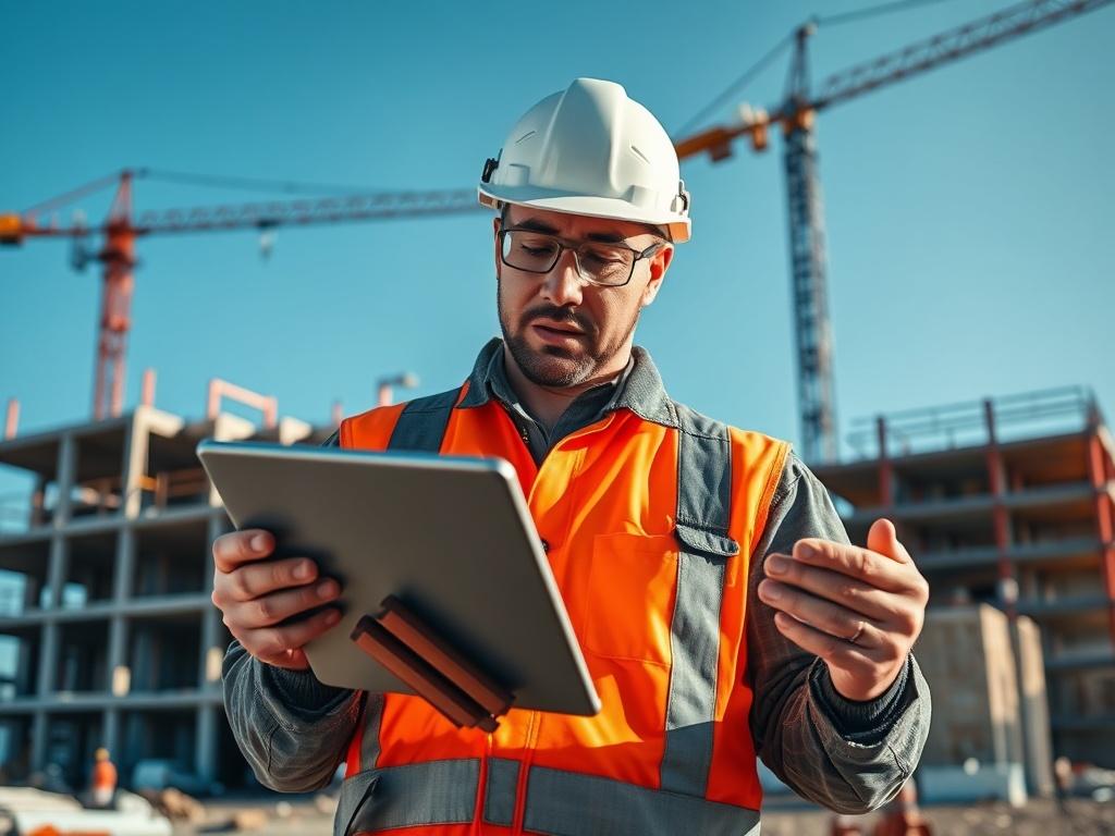 A skilled construction worker using advanced technology tools at a construction site. The worker, wearing safety gear, is focused on a tablet displaying construction plans. The background shows a partially built structure with cranes and building materials, under a clear blue sky. The image captures the essence of innovation in construction, emphasizing the blend of traditional building techniques and modern technology.