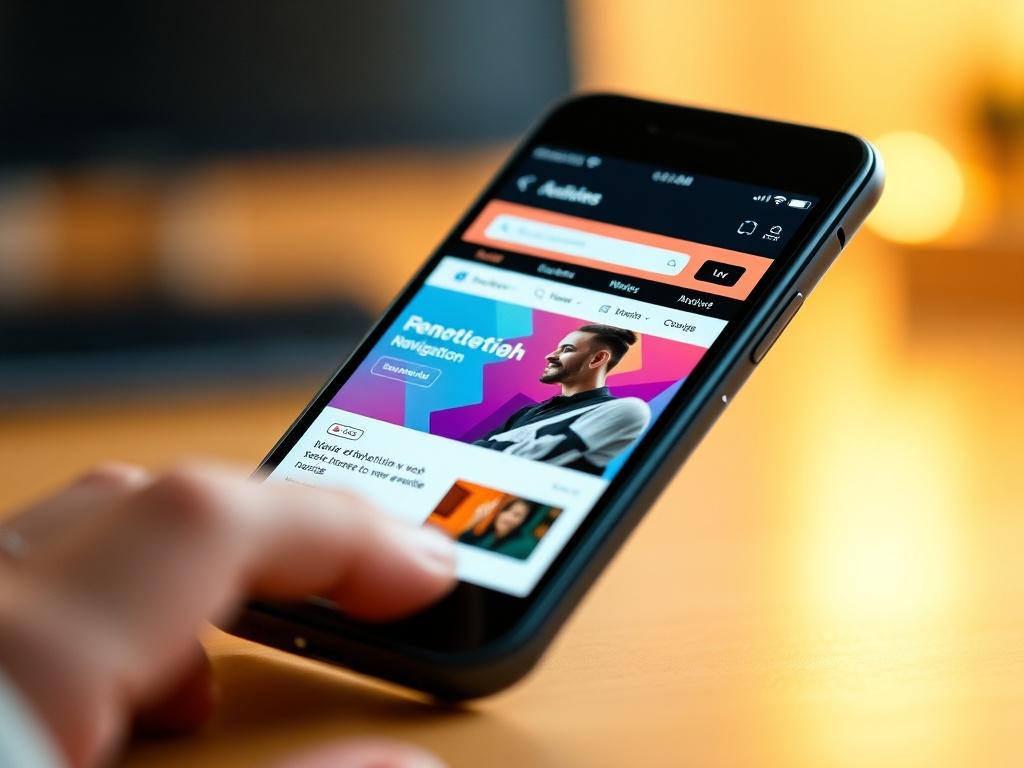 A close-up shot of a smartphone displaying a beautifully designed mobile-responsive website. The website features vibrant colors and a user-friendly interface, showcasing seamless navigation. The background is blurred to focus on the smartphone, enhancing the clarity of the website's layout. The lighting is soft and warm, emphasizing the modern design elements. This image captures the essence of mobile usability in a professional service context, perfect for showcasing Innovations trough T&K's commitment to