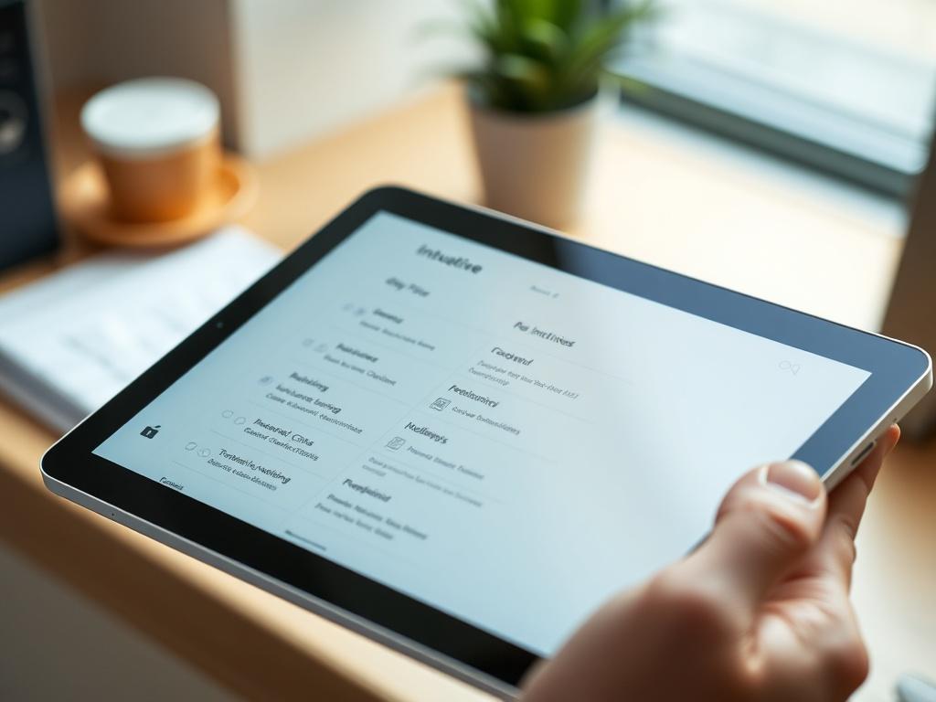 A close-up shot of a tablet with a sleek user interface displaying an intuitive application. The screen shows well-organized menus and easy navigation options, set against a blurred background of a workspace. The tablet is held in a hand, emphasizing user engagement and interaction. Soft, natural lighting highlights the device, making the design elements pop. This image represents Innovations trough T&K's focus on creating user-centric applications that enhance usability across devices.