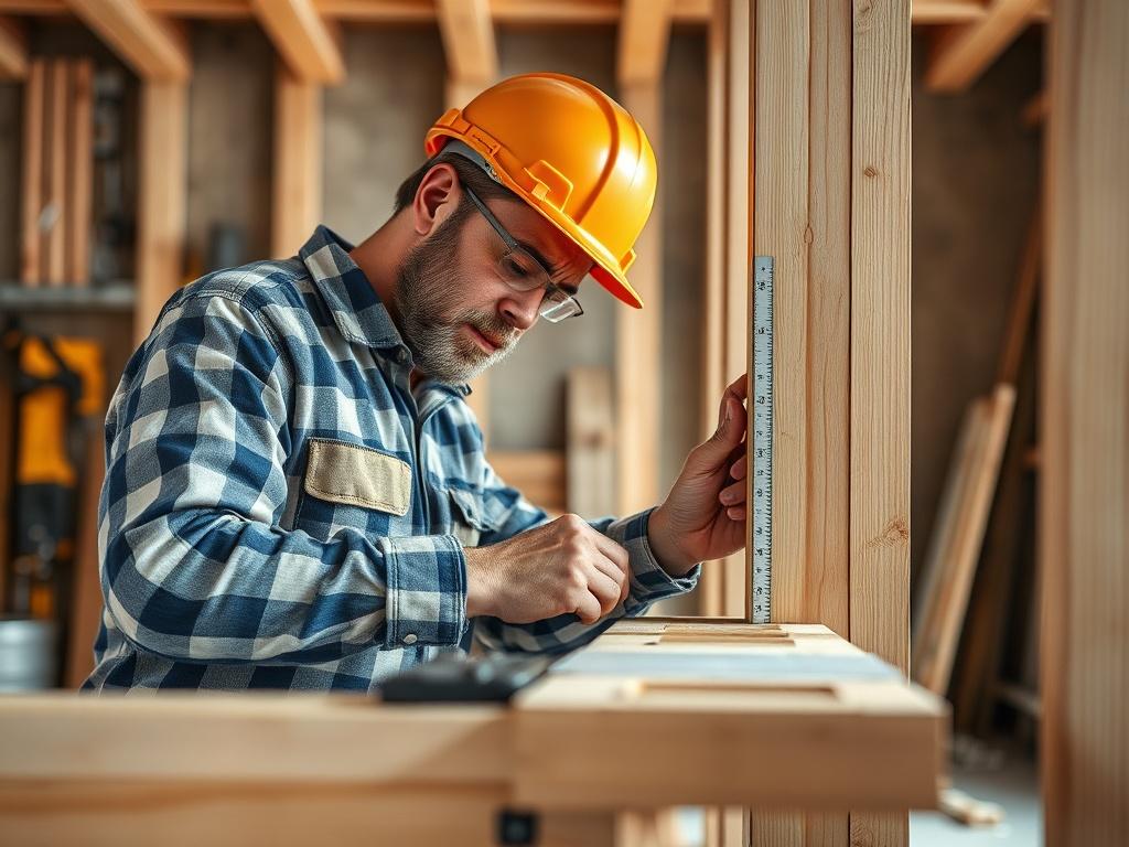 A close-up shot of a skilled carpenter framing a wall, showcasing precise measurements and cutting techniques. The background should feature construction tools and materials, creating an immersive construction site ambiance. The image should be hyper-realistic, captured with a 45mm f/1.2 lens style, emphasizing the craftsmanship involved in framing.