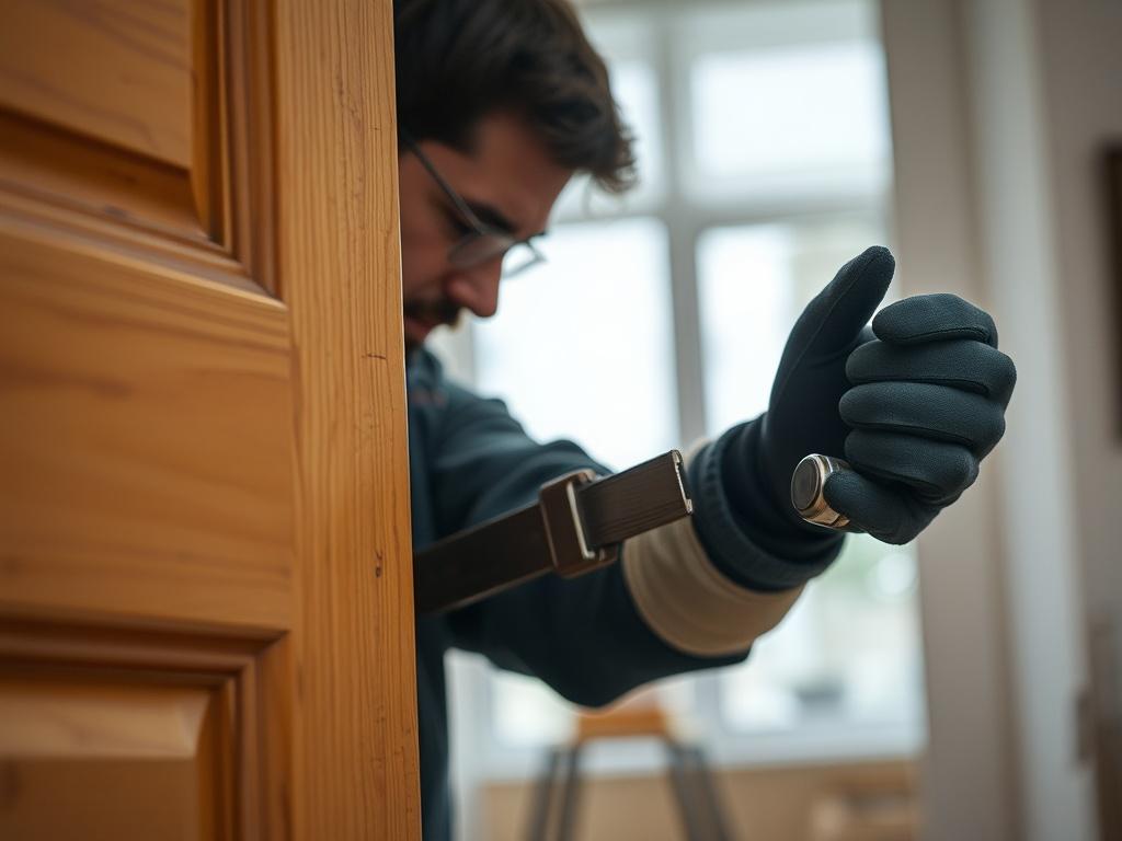 A focused shot of a technician repairing a wooden door, highlighting the tools and materials used in the process. The background should show a well-lit interior space, emphasizing the importance of door functionality in a home. The image should be hyper-realistic, captured with a 45mm f/1.2 lens style, showcasing the craftsmanship involved in door and window repairs.