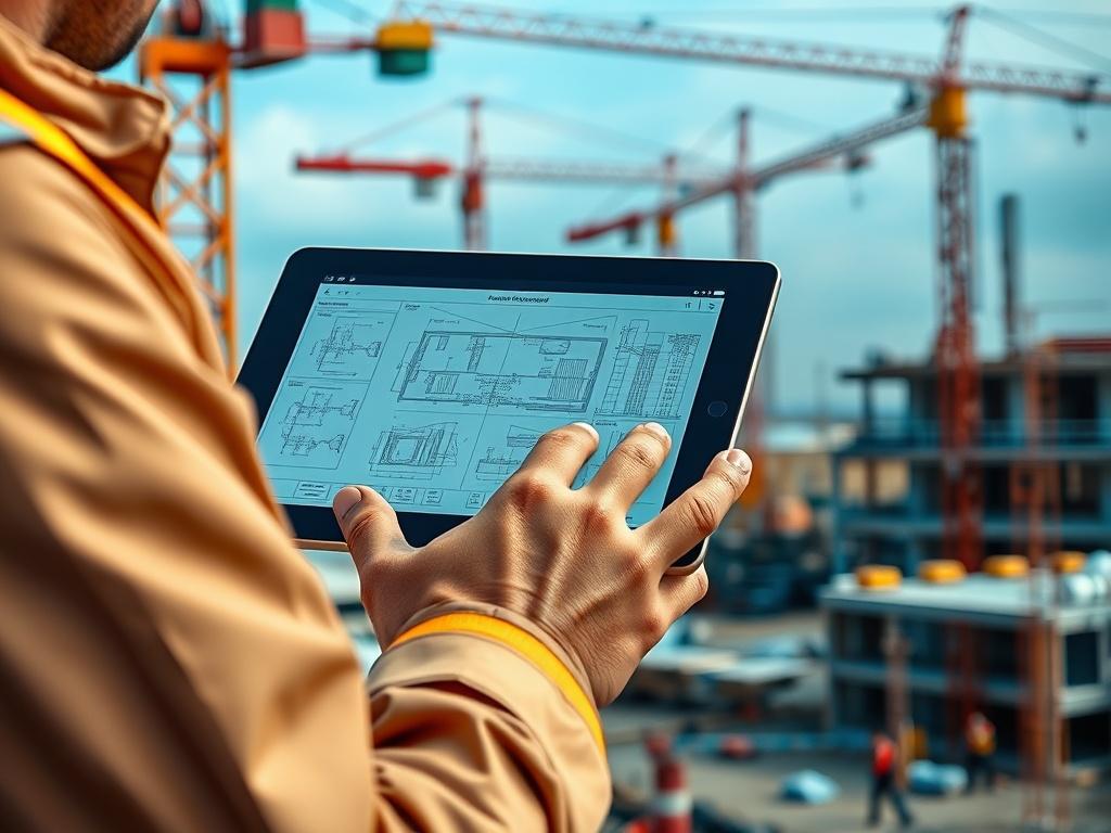 A hyper-realistic close-up shot of a construction worker using a tablet at a construction site. The focus is on the worker's hands interacting with the tablet, showing detailed blueprints and designs on the screen. The background features a busy construction site with cranes and building materials, all rendered in rich colors to convey a sense of innovation and technology in construction.