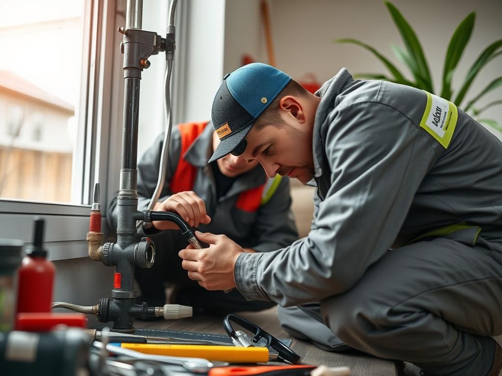 A high-resolution close-up shot of a technician repairing a plumbing issue in a residential setting. The image should capture the technician in action, with tools and materials surrounding them. The focus should be on the repair work being done, highlighting the urgency and professionalism of the service. The background should be slightly blurred to emphasize the technician. Shot with a 45mm f/1.2 lens.