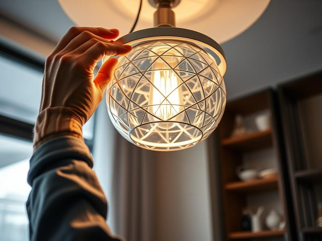 A high-resolution close-up shot of a beautiful modern light fixture being installed in a stylish room. The image should showcase the intricate design of the fixture and the technician's hands at work. The room should be well-lit, emphasizing the importance of good lighting. The background should be minimal to focus on the lighting installation. Shot with a 45mm f/1.2 lens.