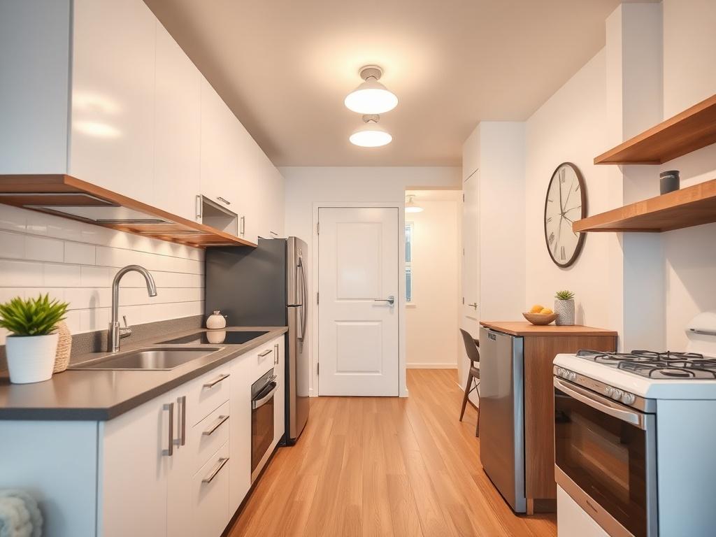 A high-resolution close-up shot of a freshly renovated apartment, showcasing modern fixtures and bright lighting, with a clean and inviting atmosphere. The image should highlight the details of the new paint, flooring, and appliances, capturing the essence of a move-in ready space. The background should be minimal, focusing on the beauty of the apartment. Shot with a 45mm f/1.2 lens.