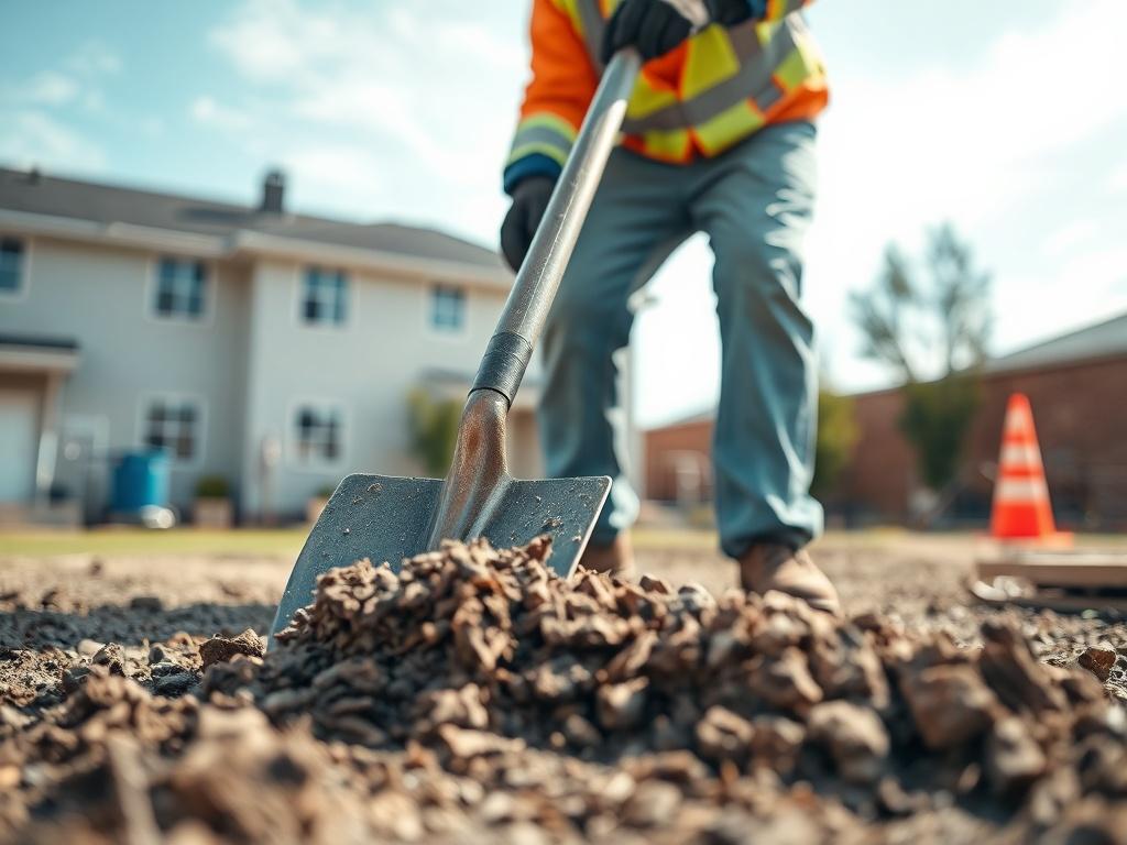 A clean and organized construction site with a focus on a worker using a shovel to remove debris. The background shows a clear sky and a well-maintained yard, emphasizing cleanliness and efficiency. The worker is wearing protective gear, showcasing safety in action.