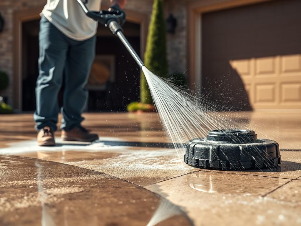 A professional power washing a driveway, showcasing a before-and-after effect. The image captures the contrast between the dirty and clean sections, with water spraying and dirt being removed, set against a sunny background.