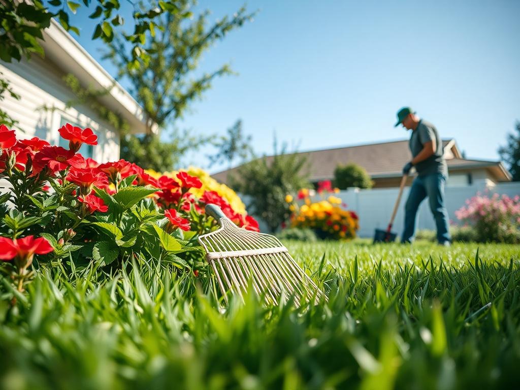 A vibrant yard being cleaned by a professional, showcasing lush greenery and colorful flowers. The scene captures a worker raking leaves with a bright blue sky in the background, illustrating a fresh and well-maintained outdoor space.
