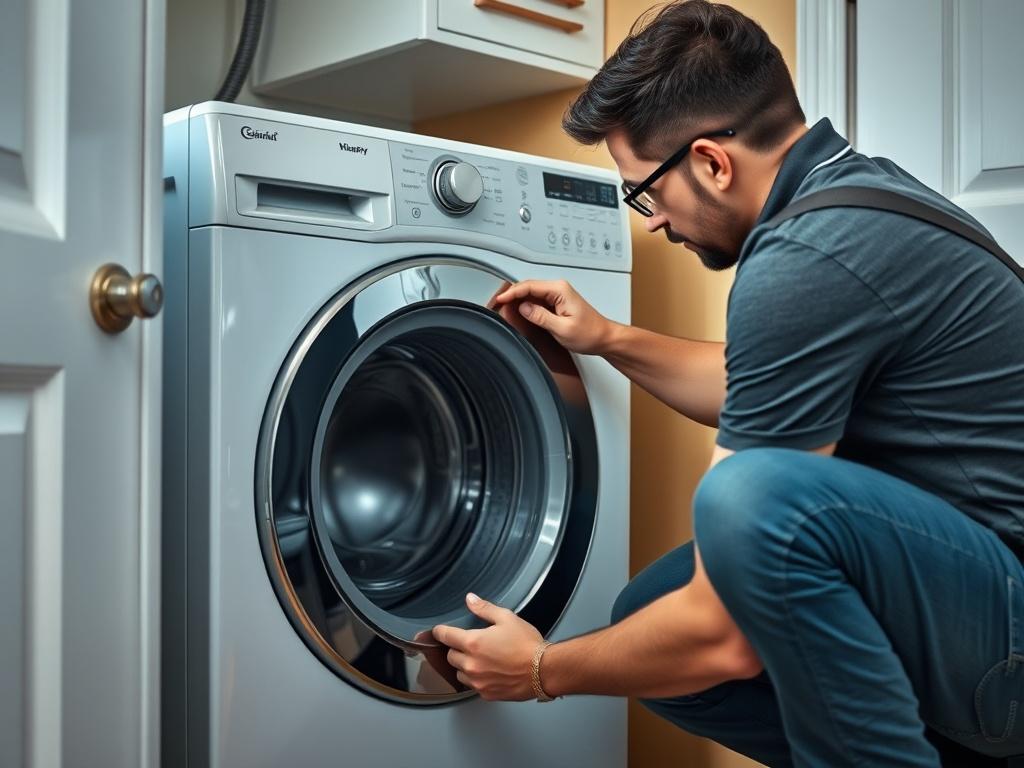 A professional installer connecting a new washing machine in a modern laundry room, with water and electrical lines being hooked up. The environment is clean and organized, emphasizing the smooth and professional nature of the installation process.