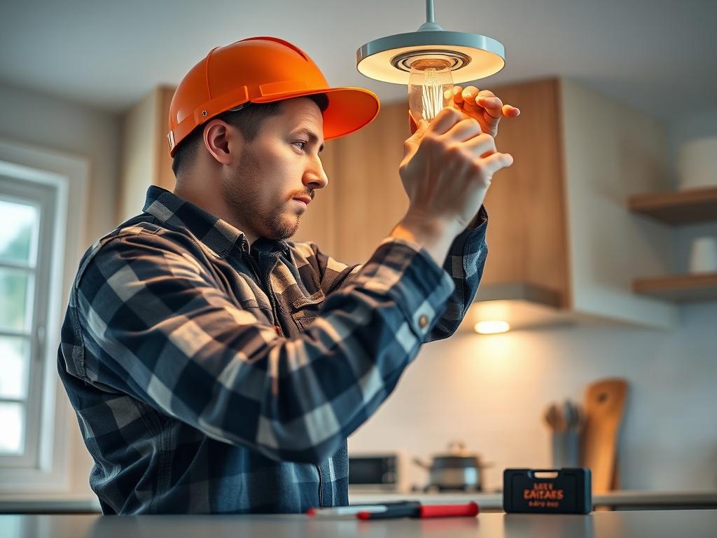 An electrician performing an electrical swap in a well-lit kitchen, focused on replacing a light fixture. Tools are neatly organized nearby, and the atmosphere is clean and professional, showcasing attention to detail and safety.