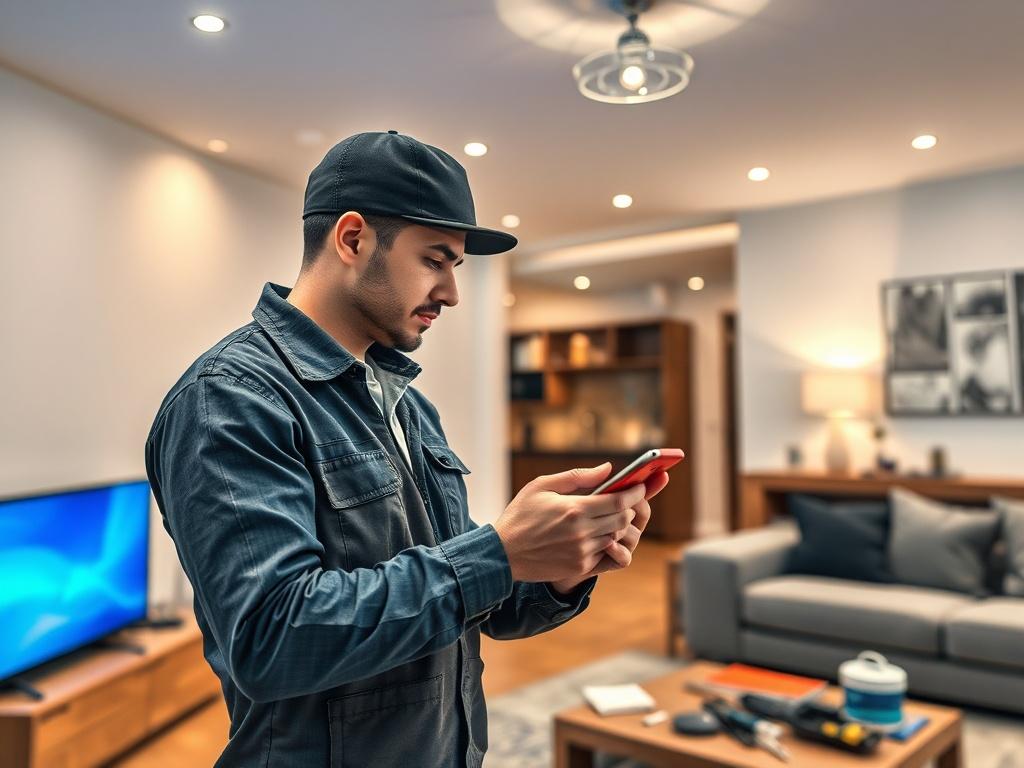 A professional technician installing a smart home device in a modern living room, showcasing smart lights and security systems. The technician is focused on the installation process, with tools around and a digital device in hand, demonstrating a sleek, high-tech environment.
