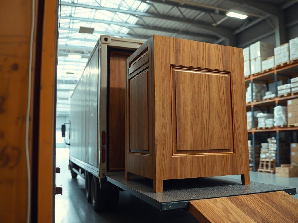 A close-up image of a beautifully crafted cabinet being loaded onto a delivery truck, showcasing the craftsmanship and attention to detail. The background is a clean and organized warehouse, highlighting a professional and efficient operation. The image should have a warm color palette to complement the primary color #FF6E4E.