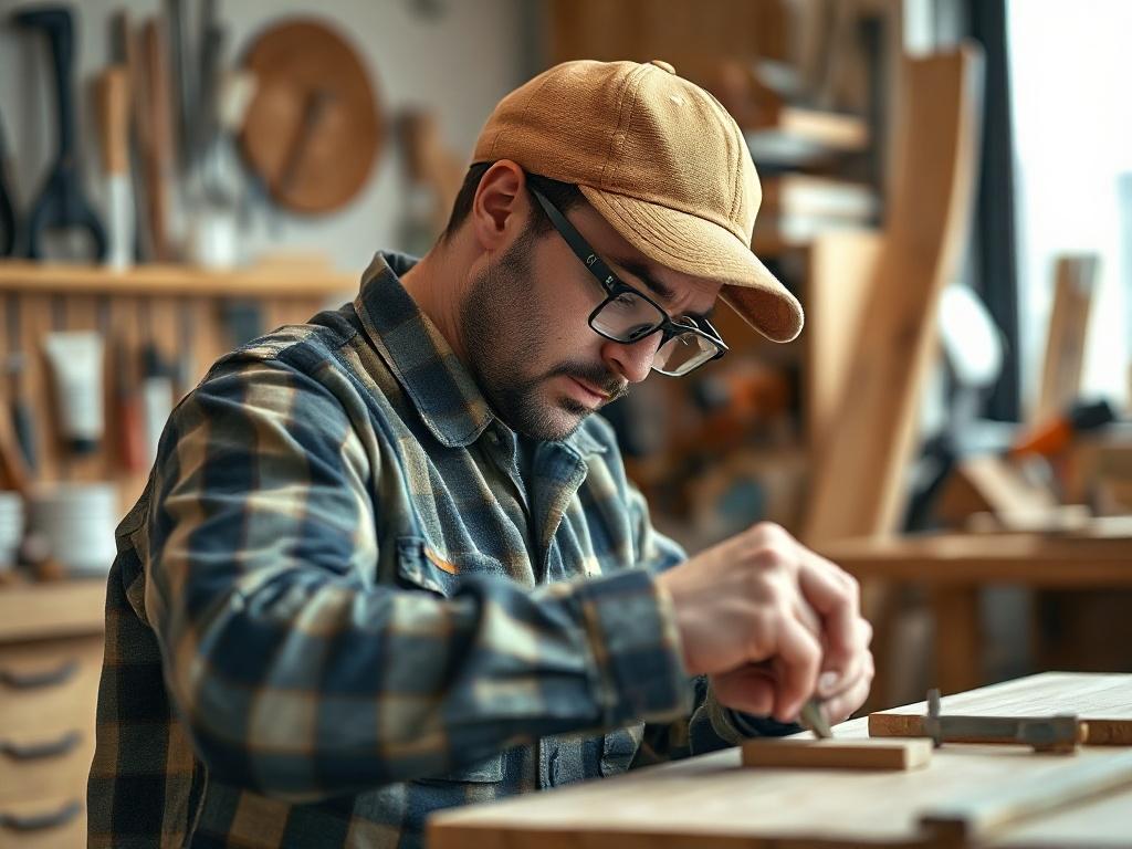 A close-up shot of a skilled craftsman assembling cabinetry in a well-lit workshop, showcasing fine details and craftsmanship. The background should be soft-focused, highlighting the tools and materials used in cabinetry, with a warm and inviting color palette that complements the #FF6E4E primary color.