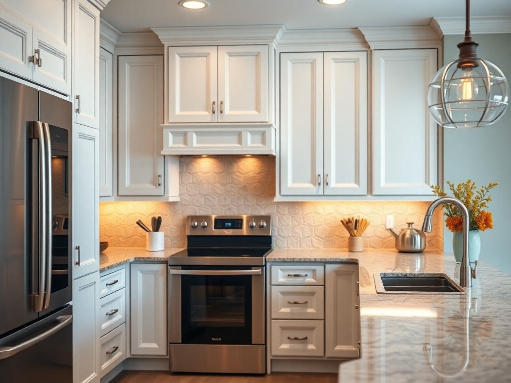 A hyper-realistic close-up of a beautifully designed kitchen, showcasing elegant cabinetry, modern appliances, and warm lighting. The focus should be on the cabinetry details, emphasizing textures and finishes, with a clean and simple background.