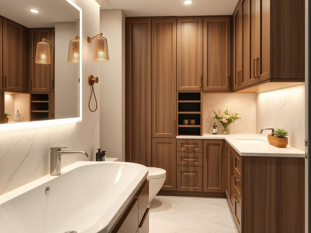 A hyper-realistic close-up of an elegantly designed bathroom, featuring stylish cabinetry, modern fixtures, and ambient lighting. The focus should be on the cabinetry and design elements, highlighting textures and finishes, with a clean and simple background.