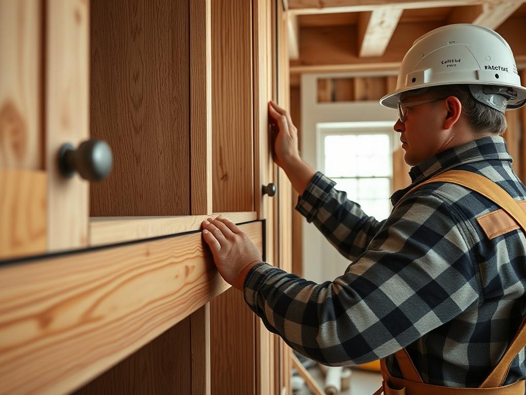 A hyper-realistic close-up of a construction site with high-quality cabinetry being installed, showcasing craftsmanship and attention to detail. The focus should be on the cabinetry work being done, with tools and materials in the background.