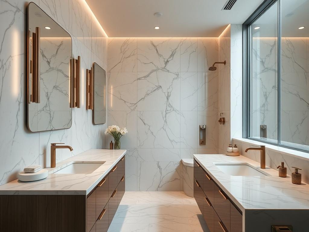 A luxurious urban bathroom featuring marble countertops, custom cabinetry, and modern fixtures. The design should exude elegance with soft, ambient lighting, creating a spa-like atmosphere. Focus on the sophisticated details and high-end materials, showcasing a serene and functional space.
