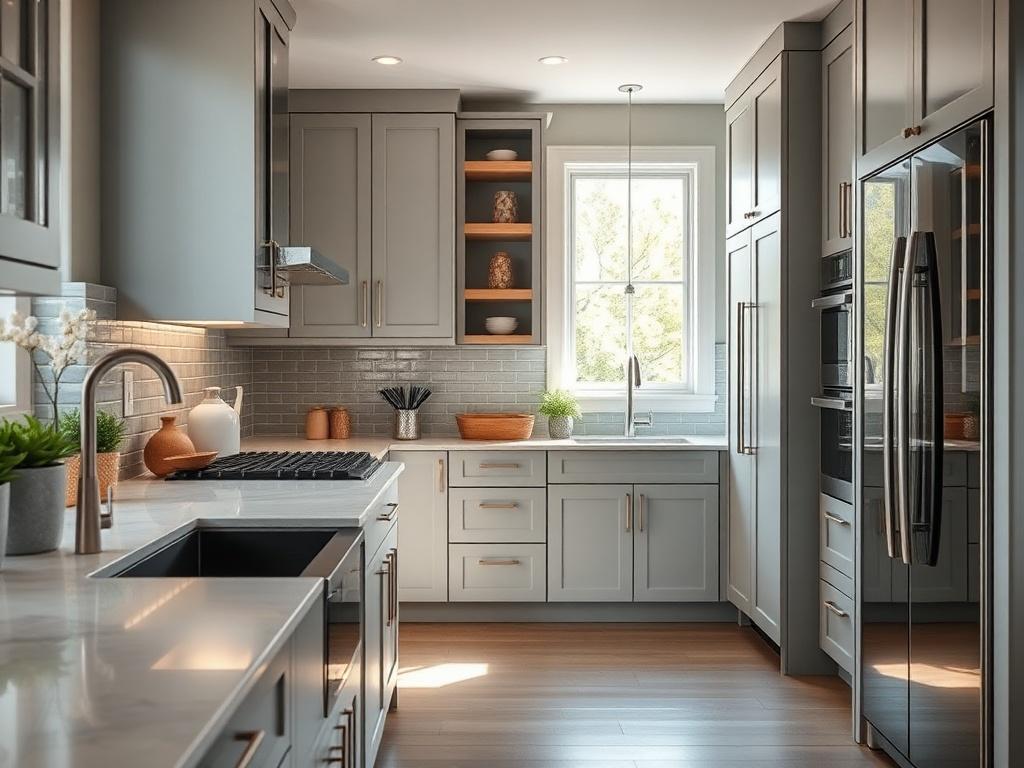 A beautifully transformed North Shore kitchen featuring modern cabinetry, sleek lines, and a sophisticated color palette. The kitchen should display custom cabinetry with innovative storage solutions, highlighting a functional and elegant design. The scene should have natural lighting, showcasing the modern aesthetics and the inviting atmosphere of the space.