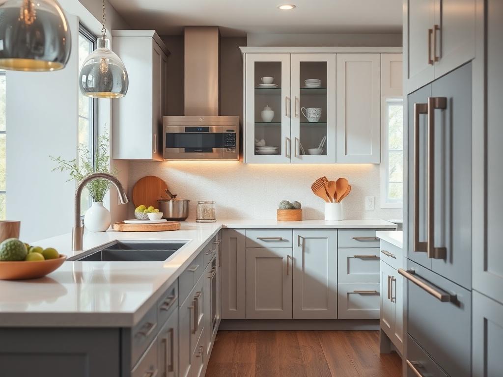 A contemporary Chicago kitchen featuring custom cabinetry, optimized storage solutions, and stylish hardware. The scene should reflect an open layout that promotes a seamless flow, showcasing a stylish and functional cooking environment. Use natural light to highlight the modern design and inviting atmosphere.