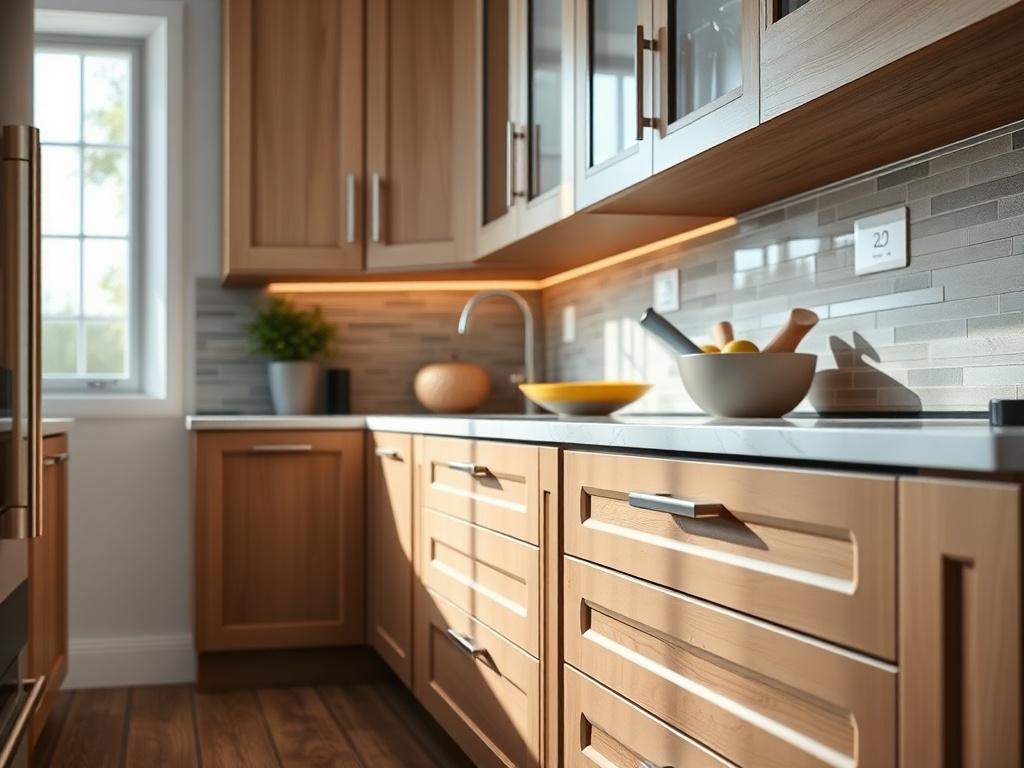 A close-up shot of Kitchen Craft cabinetry showcasing a modern kitchen design with sleek lines, soft-close drawers, and a variety of finishes. The kitchen features natural light streaming in through a window, highlighting the quality craftsmanship and elegant details. The background should be simple and uncluttered, focusing on the cabinetry and its unique features.