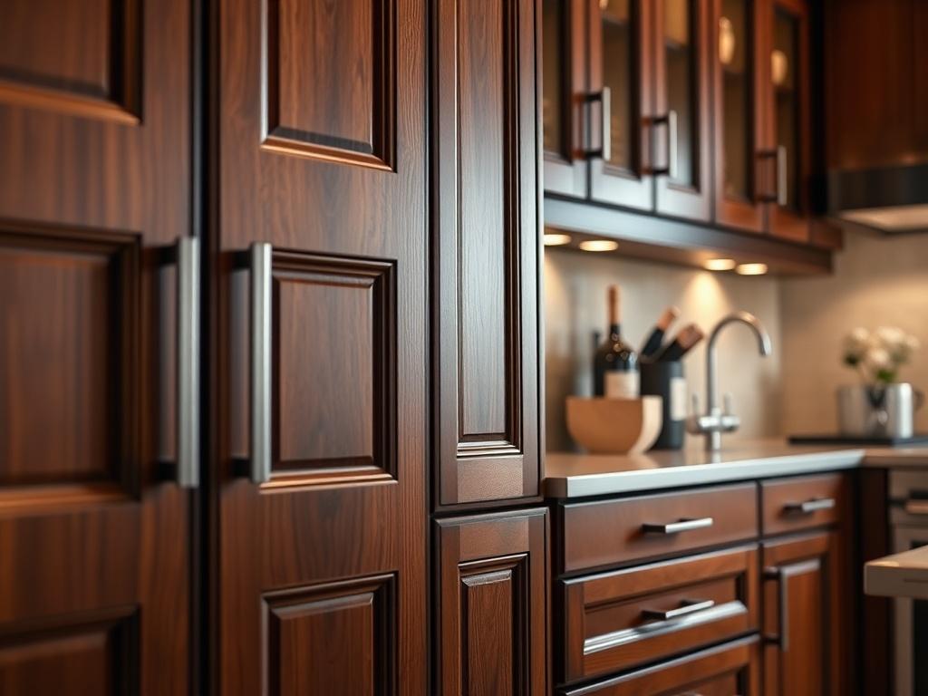 A hyper-realistic image of Luxor Cabinetry in a sophisticated kitchen setting, featuring rich wood tones and modern hardware. The cabinetry should display intricate detailing and a polished finish, with ambient lighting creating an inviting atmosphere. The composition should emphasize the luxurious appeal of the cabinetry while keeping the background minimal.
