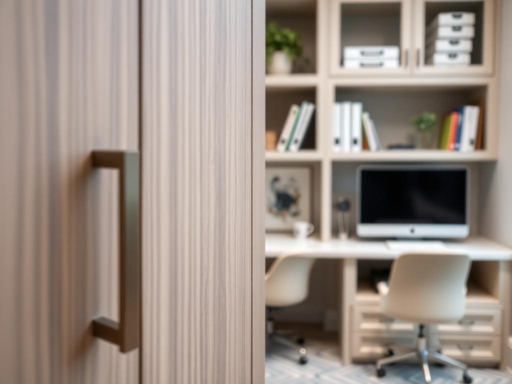 An engaging close-up of ProCraft cabinetry in a stylish home office, showcasing customized features like built-in shelving and elegant hardware. The image should highlight the craftsmanship and attention to detail, with a clean and organized workspace in the background, emphasizing the functionality of the cabinetry.