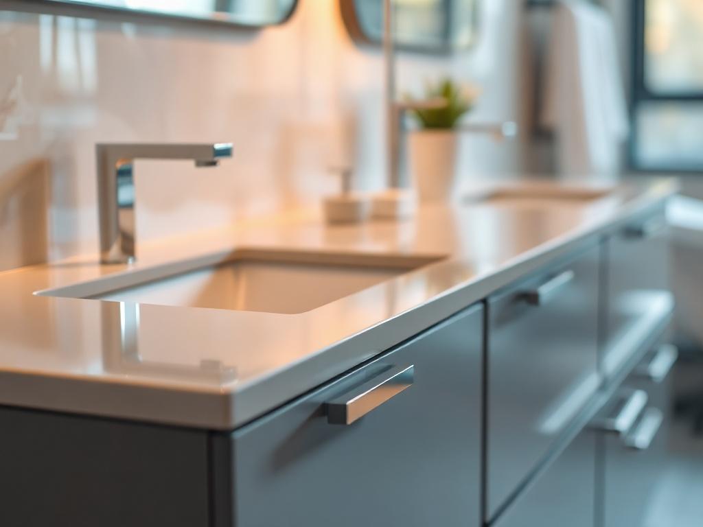 A close-up shot of a beautifully designed bathroom vanity created for Royo, showcasing a sleek and modern aesthetic. The vanity features a polished surface, elegant hardware, and an integrated sink. The background is softly blurred to emphasize the vanity, with warm lighting creating an inviting atmosphere. The image captures the craftsmanship and quality of the materials used, reflecting a contemporary design that enhances the bathroom's overall appeal.