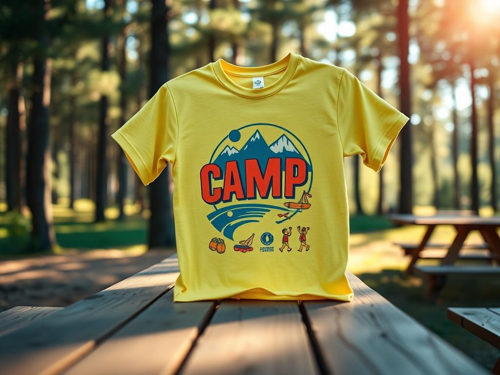 Create a realistic high-resolution photo of a vibrant, colorful camp T-shirt prominently displayed on a wooden picnic table at a summer camp setting. The shirt should feature a fun, camp-related graphic, showcasing themes of adventure and camaraderie, without any text or logos. 

In the background, softly blurred pine trees should create a serene, natural ambiance typical of a summer camp, enhancing the feeling of being outdoors. Sunlight should filter through the trees, casting gentle dappled shadows on th