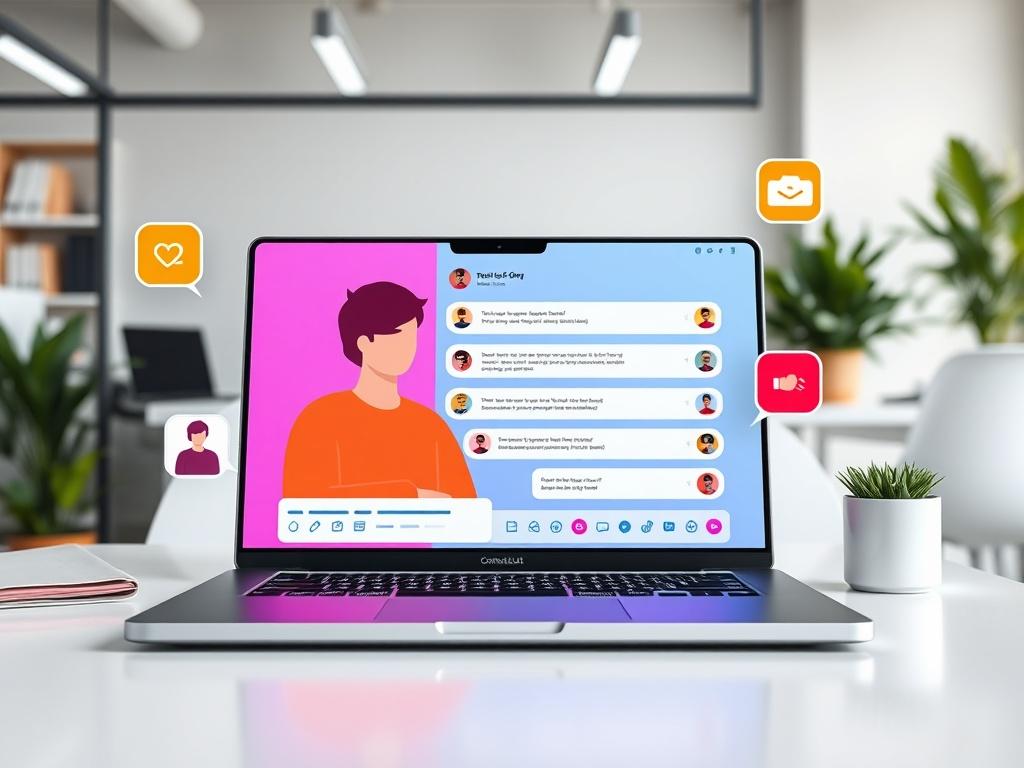 A digital workspace featuring a live chat interface on a