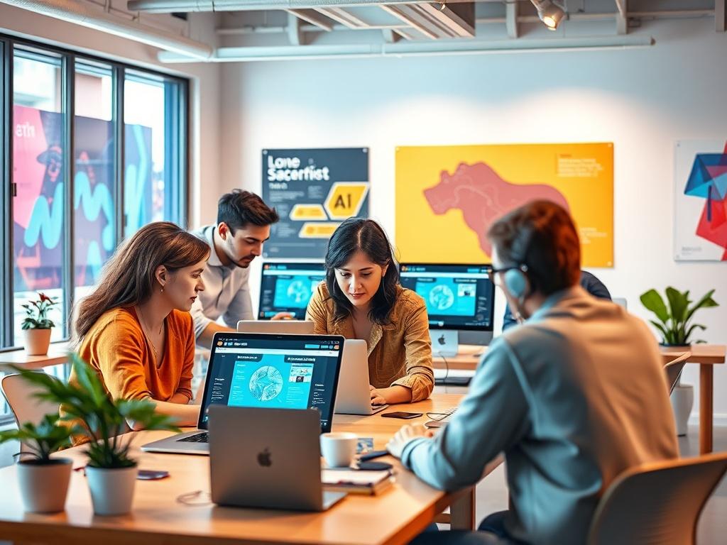 A realistic high resolution image of a busy creative team