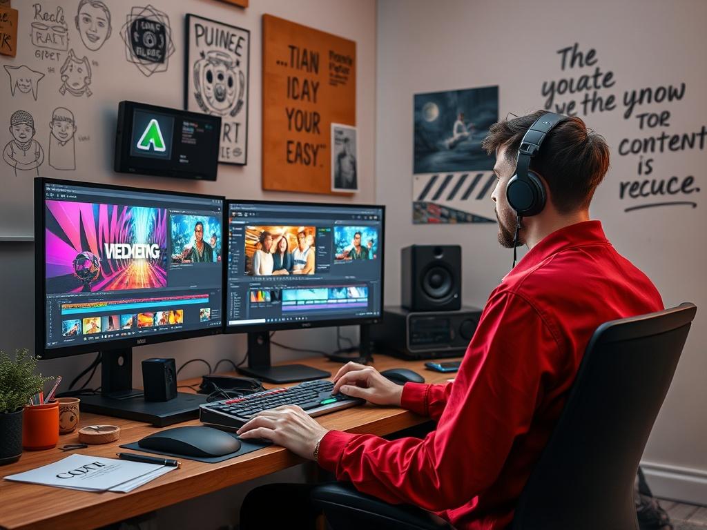 A high resolution of a focused content creator editing videos