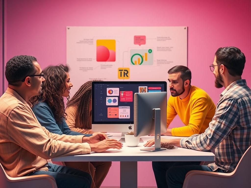 A diverse group of people collaborating around a computer screen,