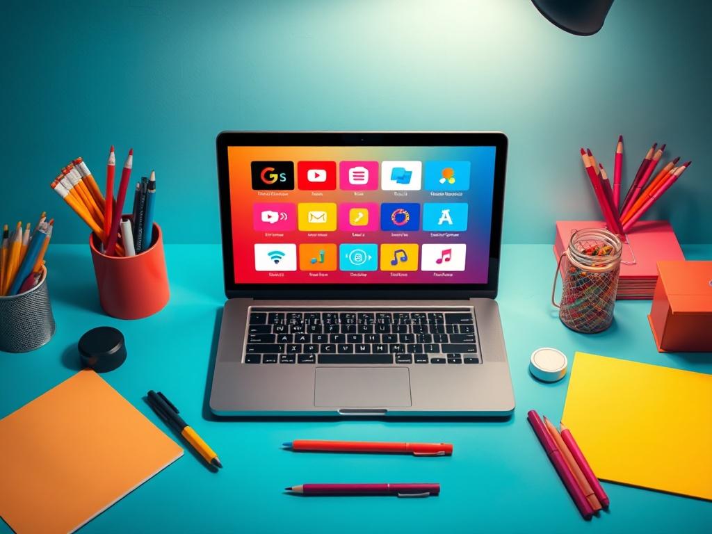 A vibrant workspace featuring a laptop displaying various creative tools