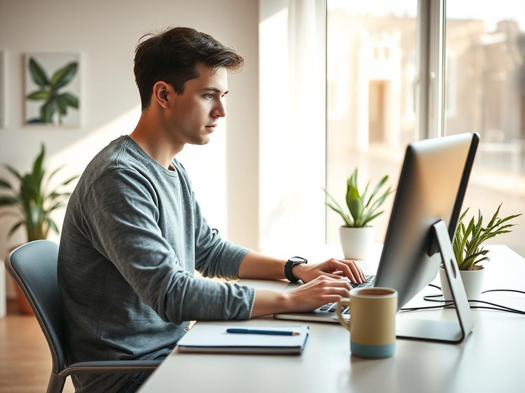Create a realistic high-resolution photograph depicting a focused content creator sitting at their desk, engaged in a live chat session on their computer. The subject should be a young adult, casually dressed, with a look of concentration and determination on their face, showcasing the act of maximizing live chat monetization. The workspace should be minimalistic and tidy, featuring only essential elements like a modern laptop, a notebook, and a coffee cup. 

The background should feature a bright and invit