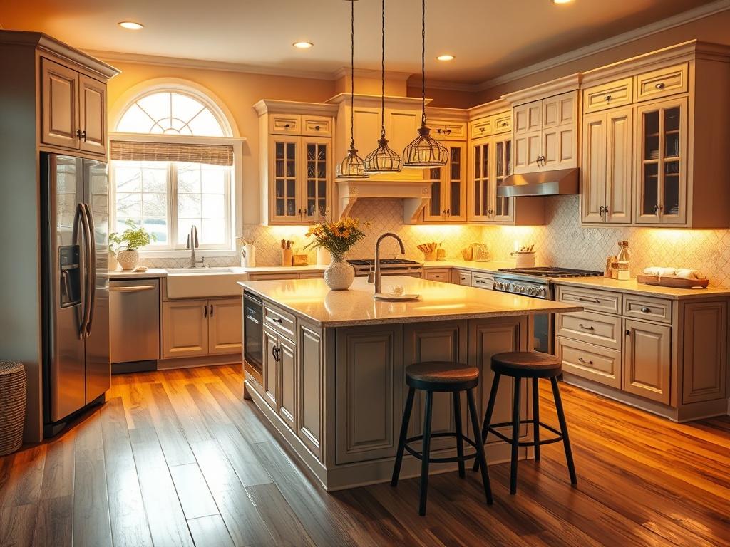 A cozy, warm lit kitchen showcasing a beautifully remodeled space