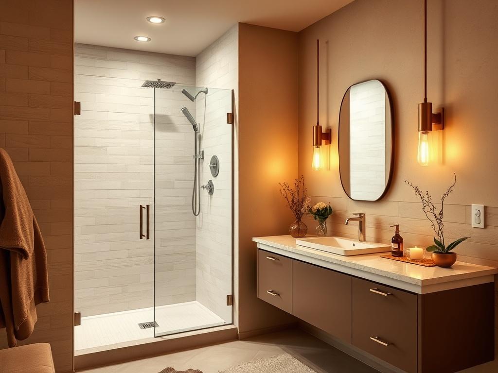 A stunning bathroom renovation showcasing a modern shower, sleek vanity,