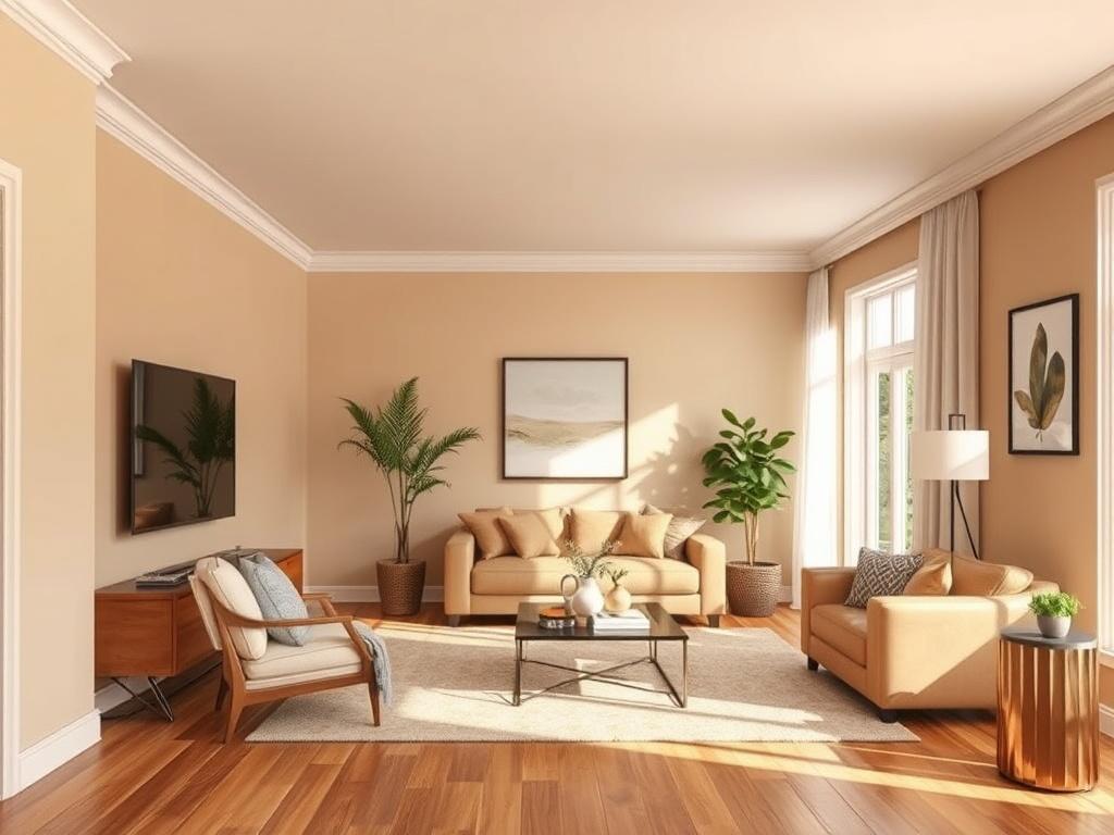 A serene living room transformation featuring freshly painted walls, new