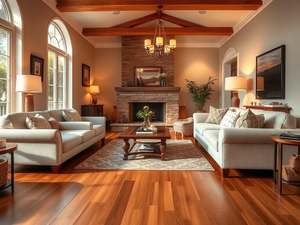 A stunning living area featuring beautifully installed hardwood flooring that
