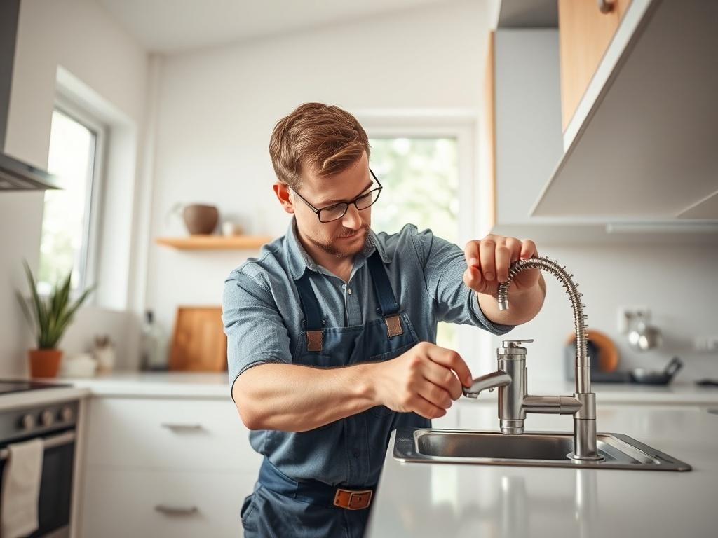 A skilled handyman performing a repair task in a well-lit residential room. The handyman is focused on fixing a leaky faucet under the kitchen sink. The scene captures the handyman in action, showcasing attention to detail and craftsmanship. The background features a clean kitchen environment with modern fixtures and ample natural light. The composition is simple and clear, emphasizing the handyman as the main subject. Use a hyper-realistic style with a close-up shot, resembling a photograph taken with a 45
