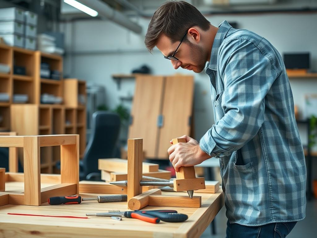 A hyper-realistic close-up shot of a skilled professional assembling office furniture, showcasing intricate details of the furniture pieces and tools being used. The background should be an organized workspace, emphasizing a clean and efficient atmosphere. The focus should be on the craftsmanship and precision involved in the assembly process, captured beautifully with a 45mm f/1.2 lens style. The primary color scheme should align with rgb(2, 86, 197), enhancing the visual appeal.