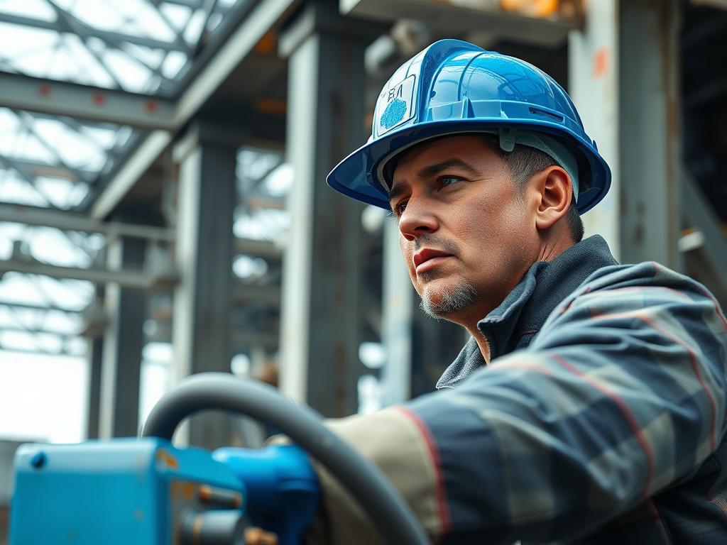 A detailed close up of an industrial construction worker operating