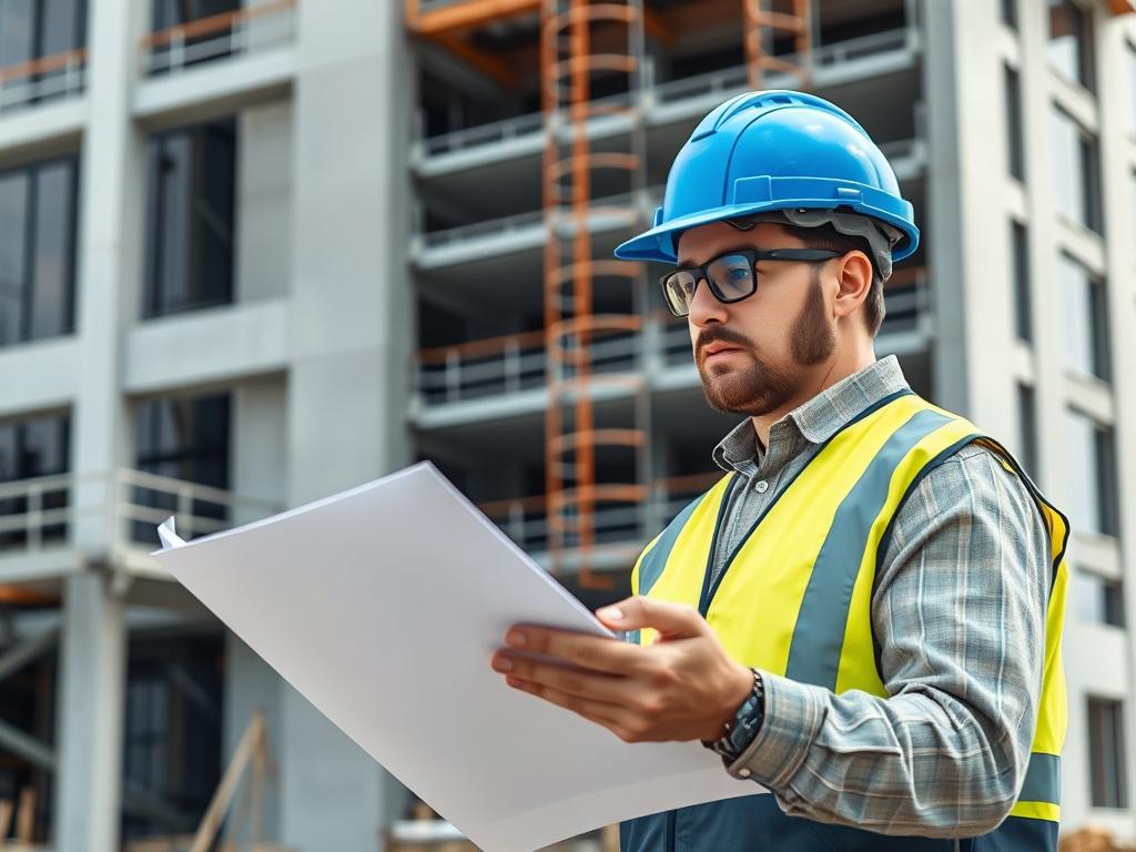 A hyper realistic close up of a construction manager reviewing