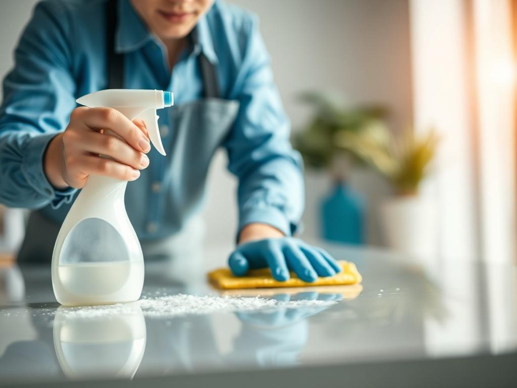 A close-up shot of a professional cleaner using high-quality cleaning products on a well-maintained surface. The background is softly blurred to emphasize the cleaner's focused expression and attention to detail. The setting is bright and inviting, showcasing a clean and tidy environment that reflects professionalism. The image should be hyper-realistic, capturing the texture of the cleaning products and the gleam of the surface being cleaned. Use a 45mm f/1.2 lens style to create a stunning depth of field.
