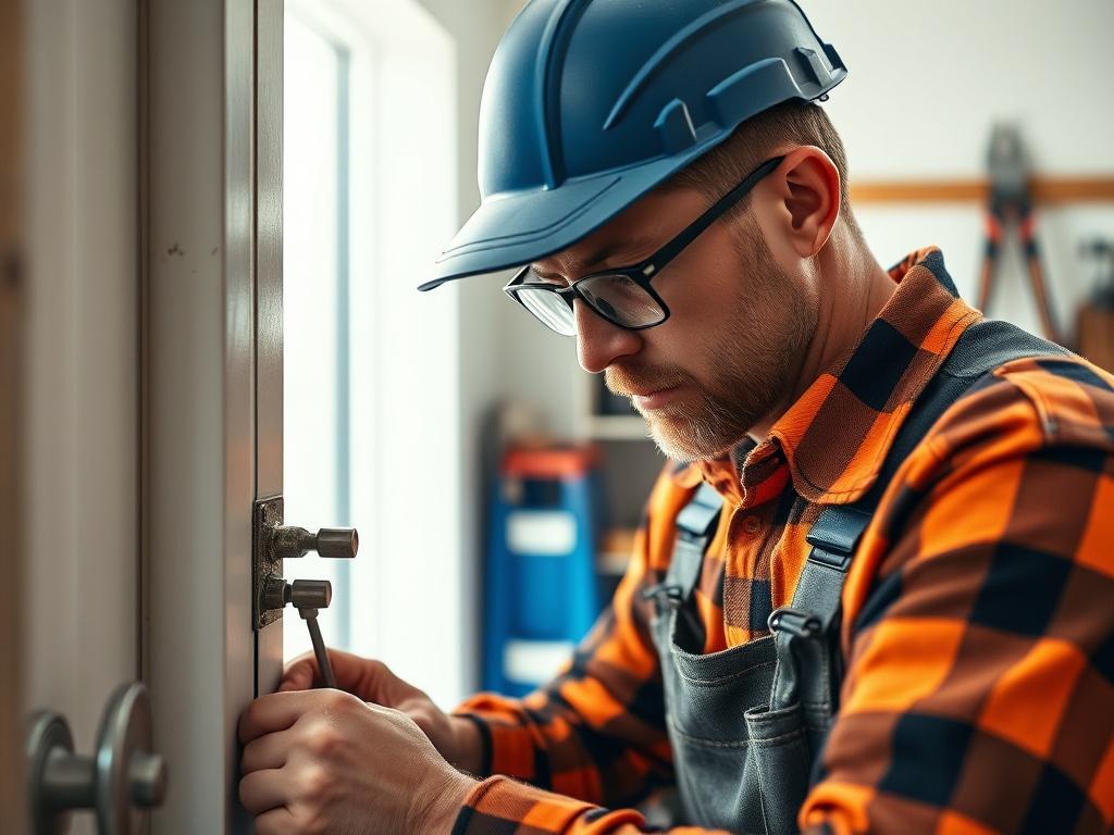 A close-up shot of a skilled handyman working on a home repair project, showcasing attention to detail and craftsmanship. The background should be a bright, well-lit room with tools neatly organized. The subject should be engaged in a task, such as fixing a door or installing a fixture, emphasizing the quality of work. The image should have a hyper-realistic style, shot with a 45mm f/1.2 lens, and highlight the primary color rgb(2, 86, 197) to create a cohesive aesthetic.