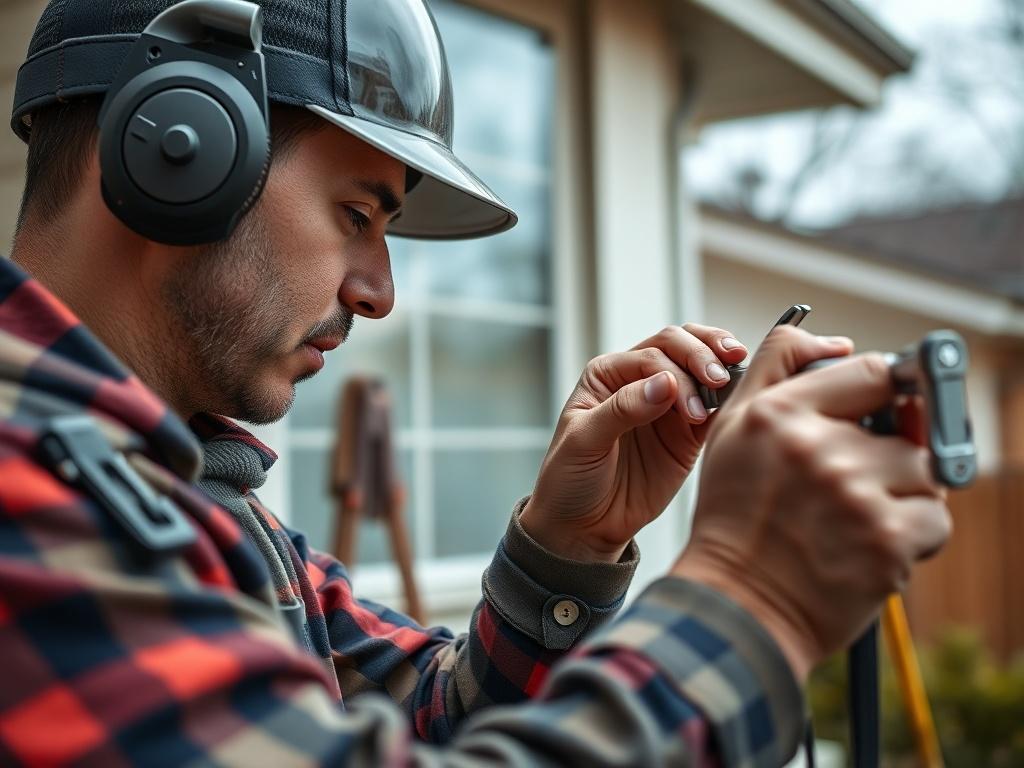A close-up shot of a skilled handyman working on a residential property, showcasing precision and craftsmanship. The handyman is focused on repairing a fixture, with tools neatly arranged around him. The background features a well-maintained home environment, highlighting the importance of upkeep and maintenance. The image should be shot with a 45mm f/1.2 lens to create a hyper-realistic effect, ensuring rich colors and fine details that reflect professionalism and expertise.