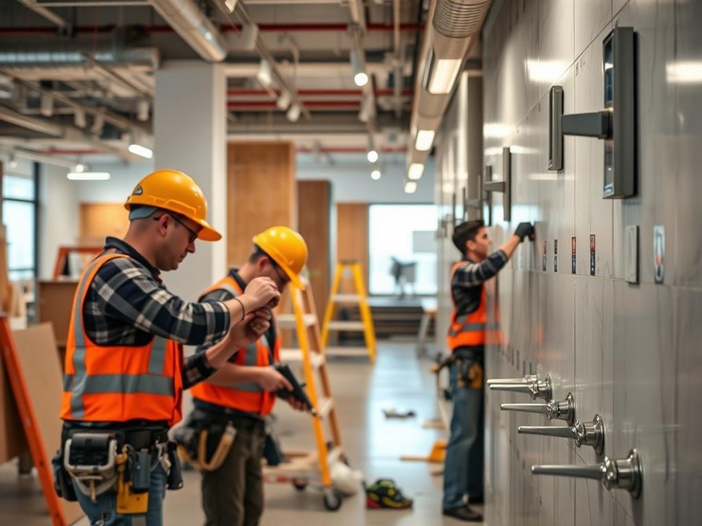 A close-up shot of a modern commercial space being renovated, featuring workers installing sleek new fixtures and finishes. The image captures the transformation process, showcasing high-quality materials and tools in use. The background includes partially completed walls, emphasizing the focus on craftsmanship and improvement. The image is rendered in hyper-realistic style, with vivid colors that incorporate the primary color rgb(2, 86, 197). Shot with a 45mm f/1.2 lens for a soft, blurred background.