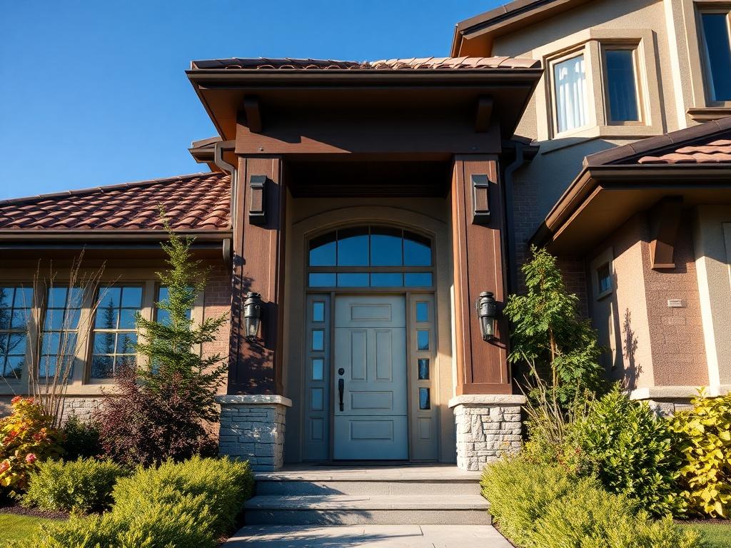 A close-up shot of a beautifully crafted residential home exterior, showcasing intricate details and quality craftsmanship. The focus is on the entrance with a stylish door, surrounded by lush landscaping. The background features a clear blue sky, emphasizing the home’s modern architecture. The image is rendered in hyper-realistic style, with vibrant colors that highlight the primary color rgb(2, 86, 197). Shot with a 45mm f/1.2 lens for a soft, blurred background.